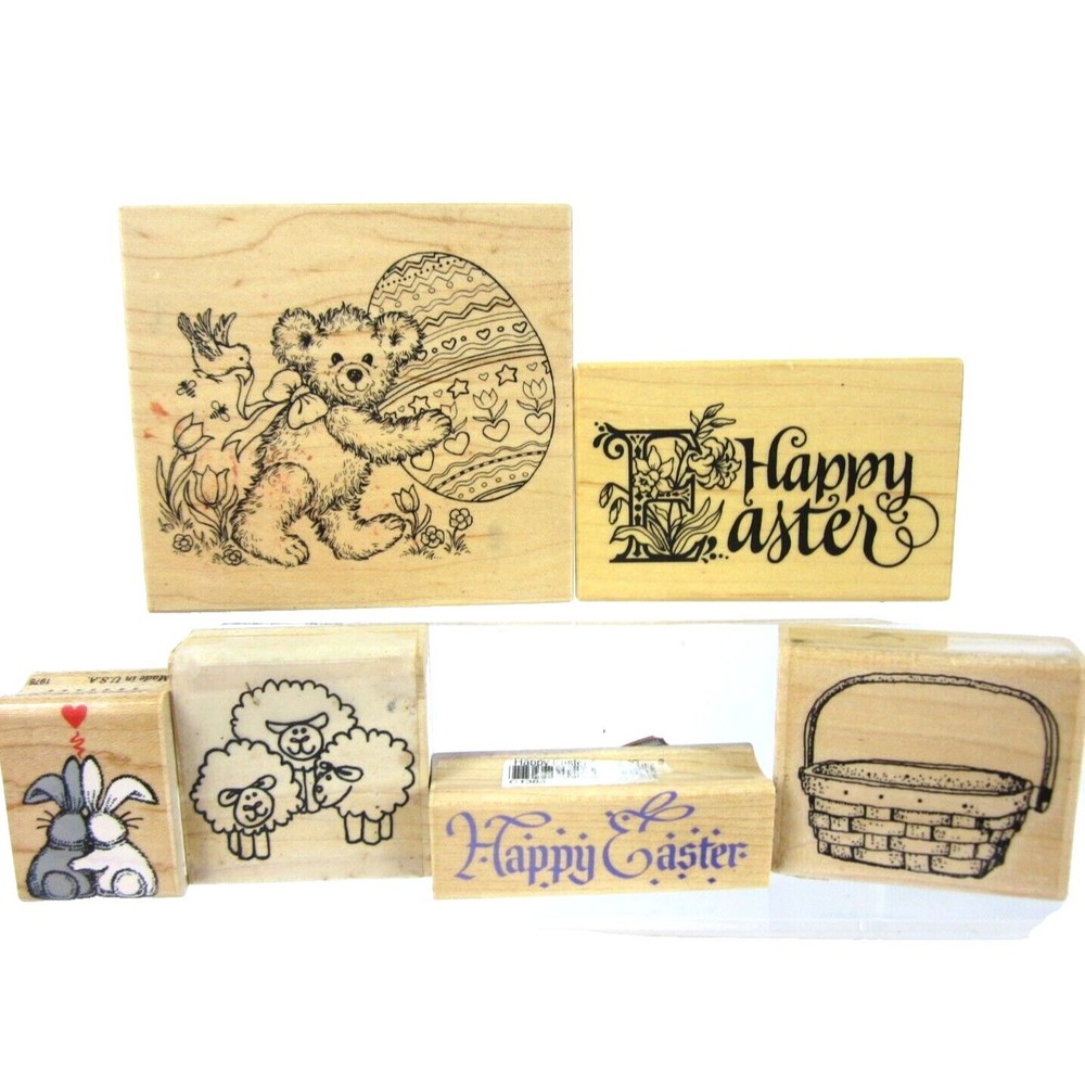 Easter Wood Mounted Rubber Stamps Happy Easter Sheep Basket Bear Egg Lot of 5
